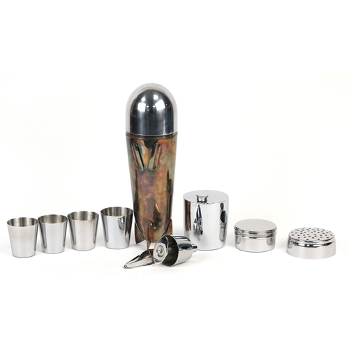 1553 - A silver plated and brass cocktail shaker in the form of a zeppelin, 24cm high.