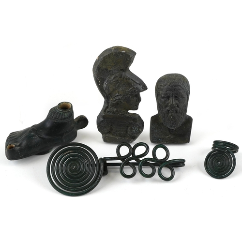 1851 - Roman style artifacts including an incense burner in the form of a foot, a bronze bust of Minerva an... 