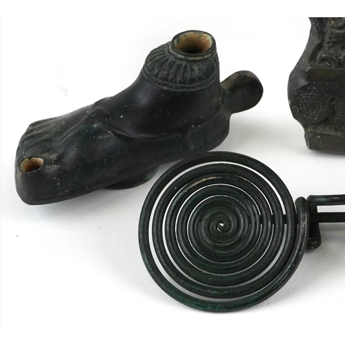 1851 - Roman style artifacts including an incense burner in the form of a foot, a bronze bust of Minerva an... 