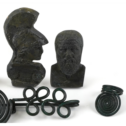 1851 - Roman style artifacts including an incense burner in the form of a foot, a bronze bust of Minerva an... 