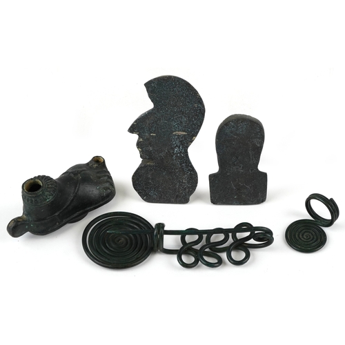 1851 - Roman style artifacts including an incense burner in the form of a foot, a bronze bust of Minerva an... 