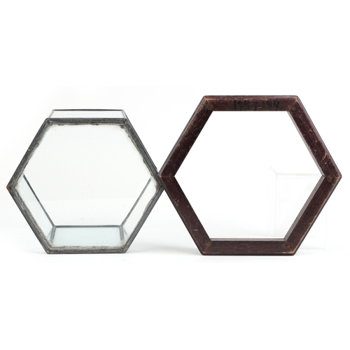 1527 - A 20th century leaded glass terrarium raised on a hexagonal teak base, 40cm high.
