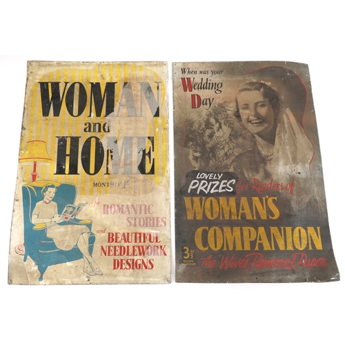 1344 - Two vintage advertising tin signs for Woman & Home and Woman's Companion, the largest 75.5cm high.