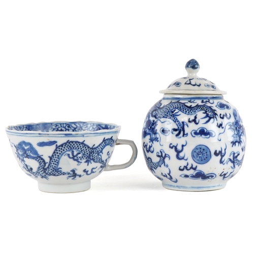 355 - Chinese blue and white porcelain comprising a tea cup, two saucers and a jar with cover, each hand p... 