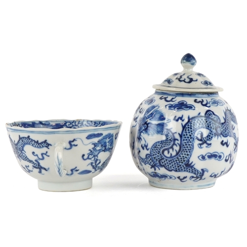 355 - Chinese blue and white porcelain comprising a tea cup, two saucers and a jar with cover, each hand p... 