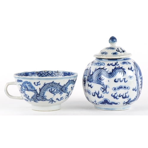355 - Chinese blue and white porcelain comprising a tea cup, two saucers and a jar with cover, each hand p... 