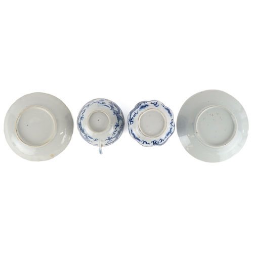 355 - Chinese blue and white porcelain comprising a tea cup, two saucers and a jar with cover, each hand p... 