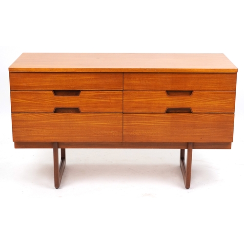 2012 - A mid 20th century teak chest of six drawers by Uniflex Furniture, on shaped supports, 71cm H x 121c... 