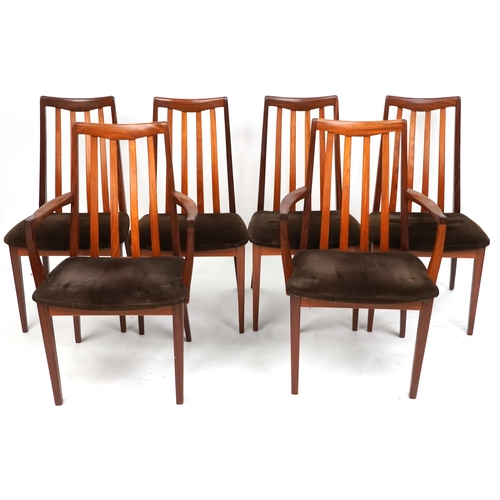 2147 - A set of six mid 20th century G Plan teak dining chairs comprising two carvers and four standard, 91... 