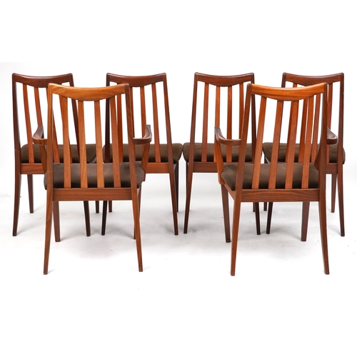 2147 - A set of six mid 20th century G Plan teak dining chairs comprising two carvers and four standard, 91... 