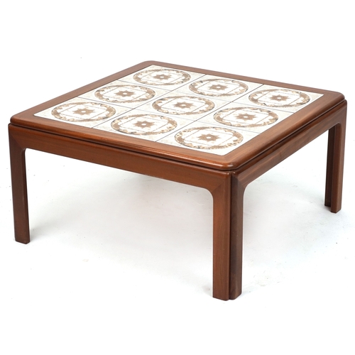 2148 - A mid 20th century teak square coffee table, the top inset with tiles, raised on block legs, 37cm H ... 