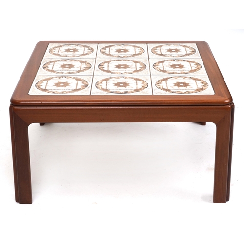 2148 - A mid 20th century teak square coffee table, the top inset with tiles, raised on block legs, 37cm H ... 