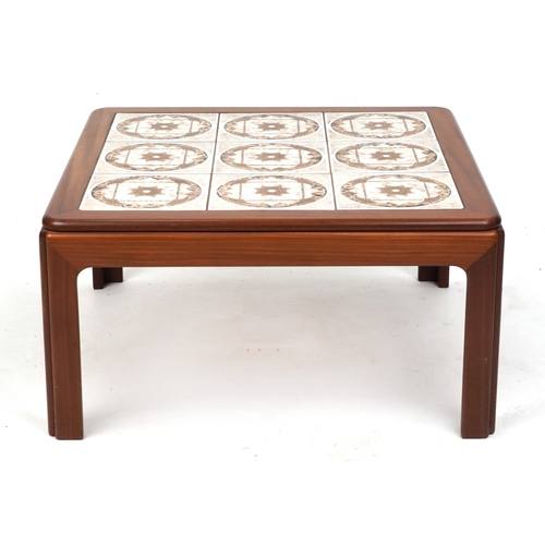 2148 - A mid 20th century teak square coffee table, the top inset with tiles, raised on block legs, 37cm H ... 