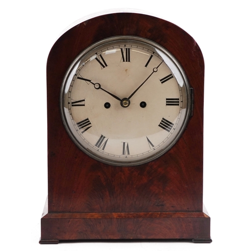 124 - An antique mahogany twin fusée repeating bracket clock striking on a bell, the painted dial having R... 