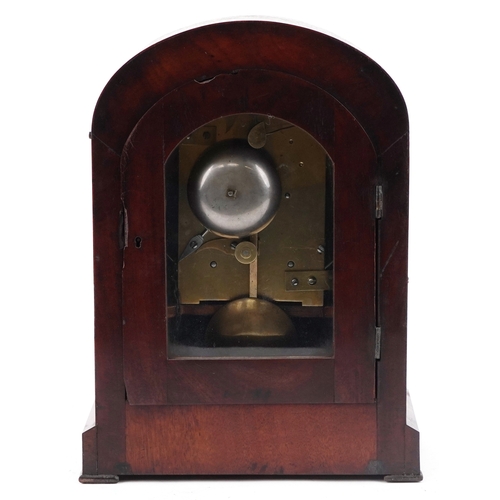 124 - An antique mahogany twin fusée repeating bracket clock striking on a bell, the painted dial having R... 