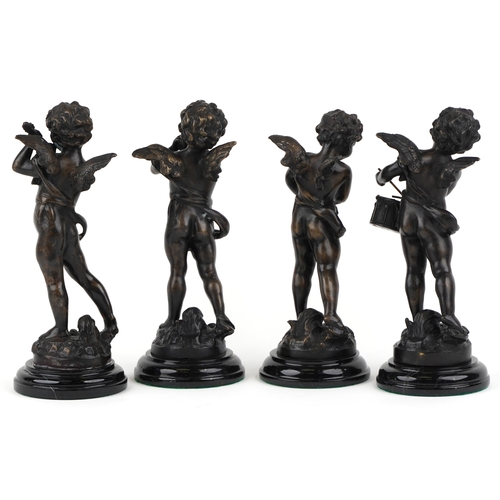 231 - After Augustus Moreau - Musical cherubs, four 20th century brown patinated bronze figures, each moun... 