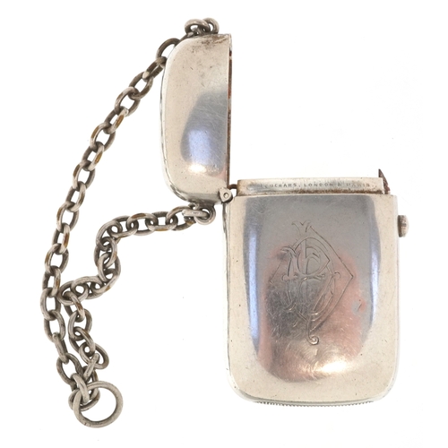 36 - William Dyer, a Victorian silver vesta case on a white metal chatelaine chain, London 1877, 6cm high... 