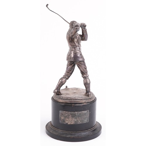 30 - A good Victorian silver figural trophy in the form of a male golfer in mid swing, raised on an eboni... 