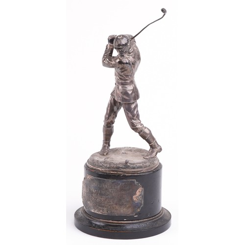 30 - A good Victorian silver figural trophy in the form of a male golfer in mid swing, raised on an eboni... 