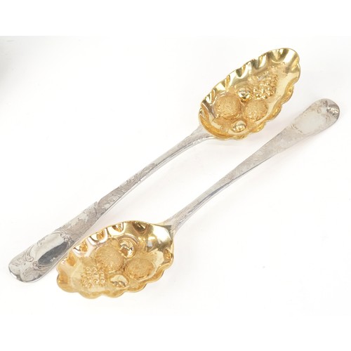 51 - William Sumner & Richard Crossley, a pair of George III silver berry spoons, London 1775, 22cm in le... 