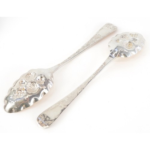 51 - William Sumner & Richard Crossley, a pair of George III silver berry spoons, London 1775, 22cm in le... 