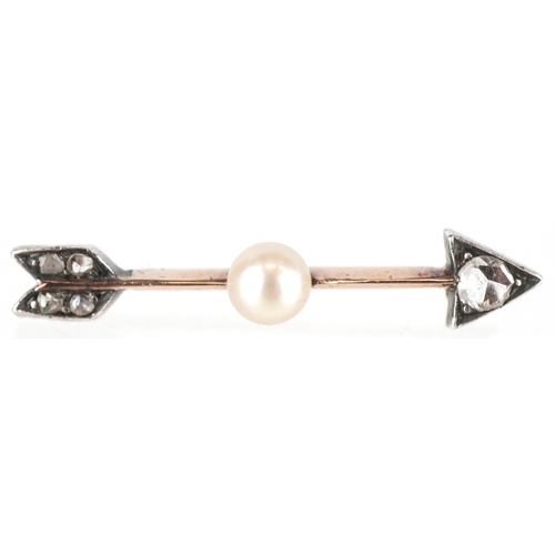 An antique unmarked gold diamond and cultured pearl bar brooch in the form of an arrow, 2.8cm wide, 1.5g.