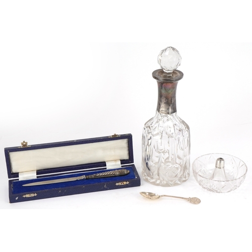 3737 - George V and later silver including a cut crystal decanter with silver collar, Dublin 1924 and a let... 