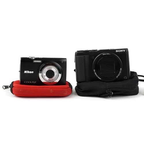 1053 - Four digital cameras comprising Sony HX-60, Sony W-55, Nikon Coolpix S2550 and Fujifilm Finepix Z.