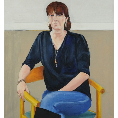 2252 - Portrait of a female sitting on a chair, Modern British school oil on canvas, framed, 76.5cm x 71.5c... 