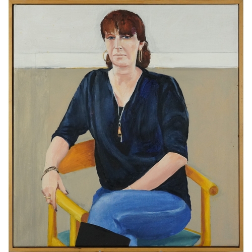 2252 - Portrait of a female sitting on a chair, Modern British school oil on canvas, framed, 76.5cm x 71.5c... 