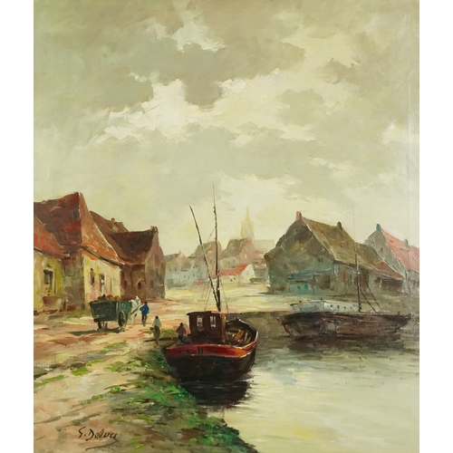 2269A - S. Delva - Moored boats beside a village, 20th century continental school oil on canvas, signed, wit... 