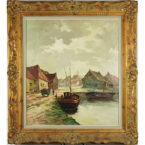 2269A - S. Delva - Moored boats beside a village, 20th century continental school oil on canvas, signed, wit... 
