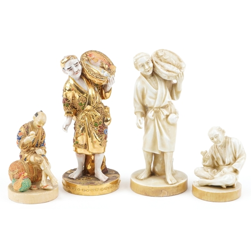 1583 - Four Japanese Satsuma pottery figures including fishermen and labourers, each bearing character mark... 