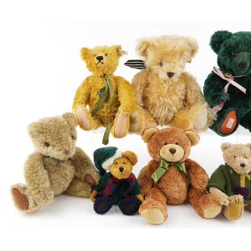 714 - Vintage and later jointed teddy bears including a Steiff musical bear, a Dean's Rag Book replica bea... 
