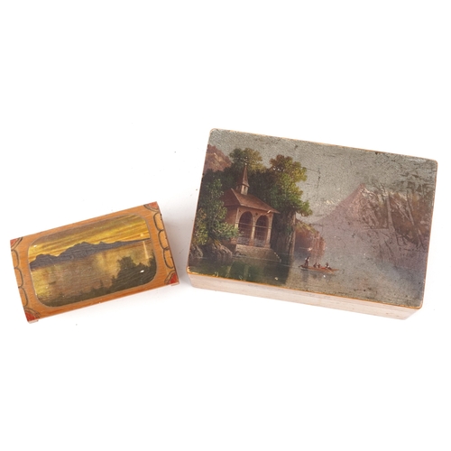 1563 - Two 20th century wooden boxes including one hand painted with a French chapel in a mountainous lands... 