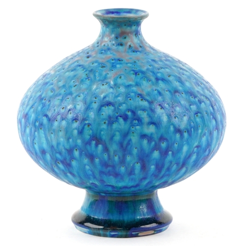 447 - A green and blue glazed pottery squat vase, 20th century, signature and character mark to the base, ... 