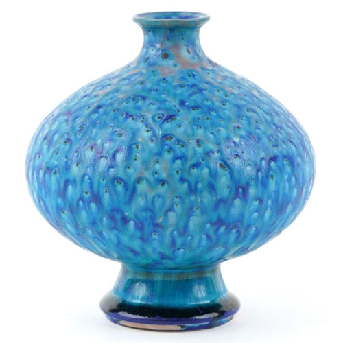 447 - A green and blue glazed pottery squat vase, 20th century, signature and character mark to the base, ... 