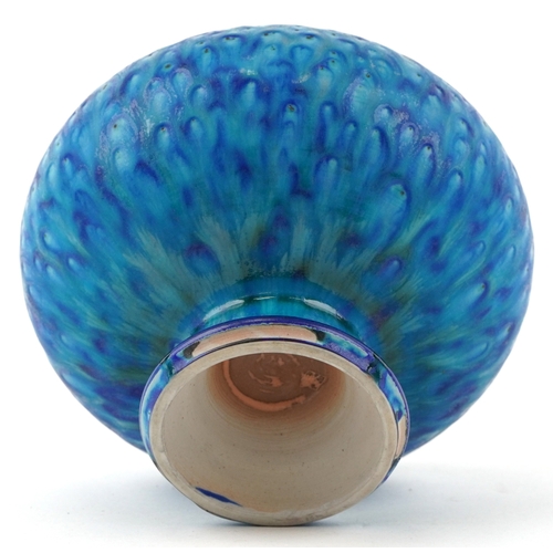 447 - A green and blue glazed pottery squat vase, 20th century, signature and character mark to the base, ... 