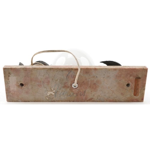 217 - An Art Deco marble desk light with globular glass shade, mounted with birds, 38cm wide.