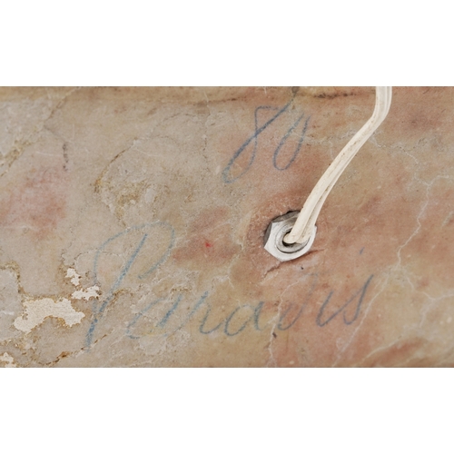 217 - An Art Deco marble desk light with globular glass shade, mounted with birds, 38cm wide.