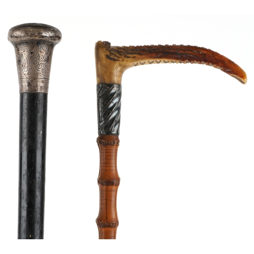 420 - An ebonised walking stick with silver collar and bamboo riding crop with horn handle and silver coll... 