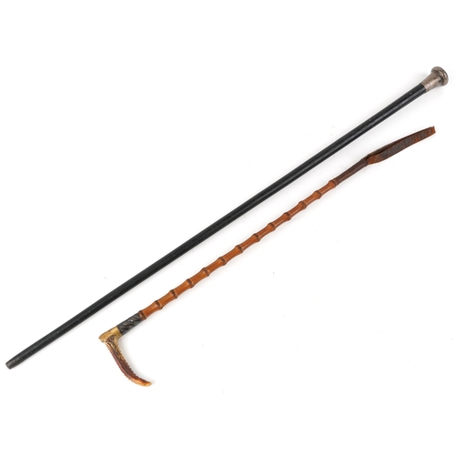 420 - An ebonised walking stick with silver collar and bamboo riding crop with horn handle and silver coll... 