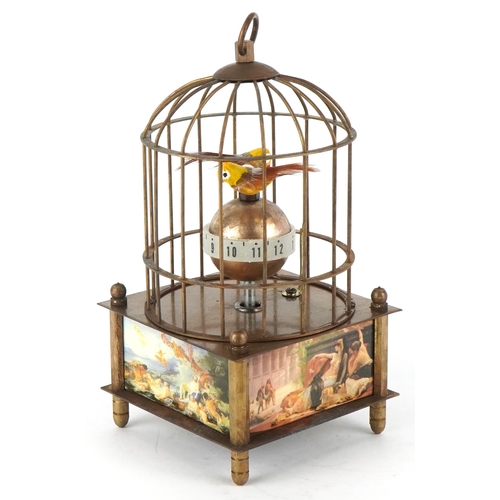 1674 - A clockwork automaton bird cage alarm clock, 16cm high.