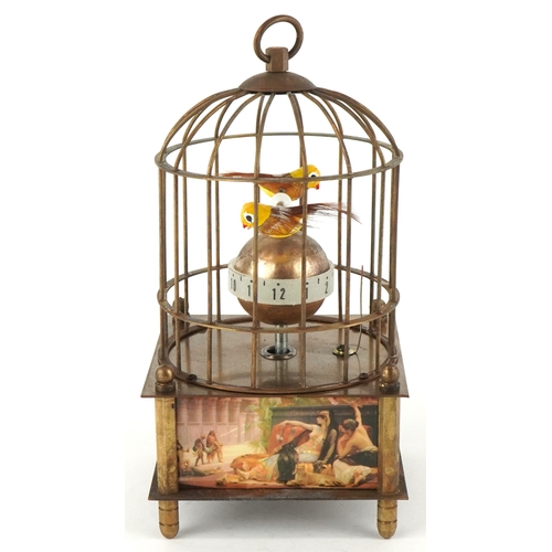 1674 - A clockwork automaton bird cage alarm clock, 16cm high.