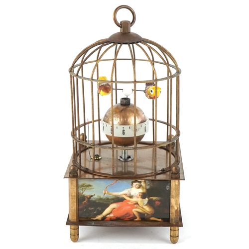 1674 - A clockwork automaton bird cage alarm clock, 16cm high.