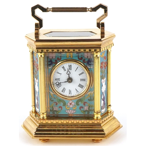 127 - A French brass cased and champlevé enamel carriage clock, the white enamelled dial with black Roman ... 