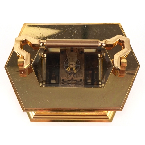 127 - A French brass cased and champlevé enamel carriage clock, the white enamelled dial with black Roman ... 