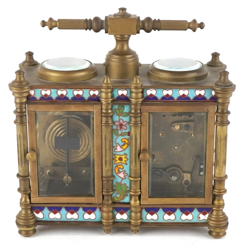 134 - A champlevé enamel brass cased travelling timepiece with clock and barometer, 14cm high.