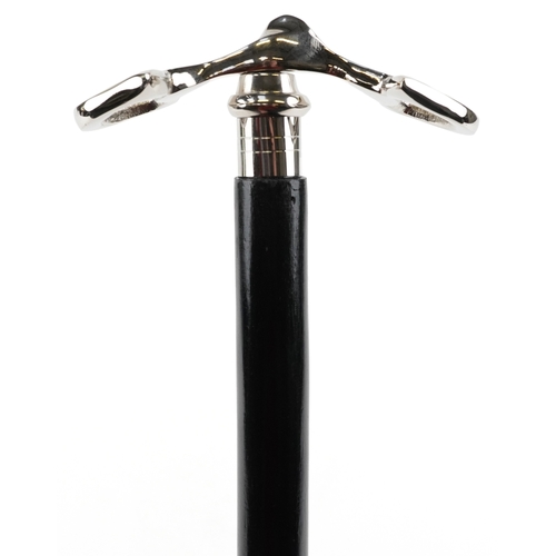 1864 - A hardwood walking stick with silver plated handle in the from of horse stirrups, 91.5cm in length.