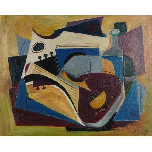 2325 - Manner of Juan Gris - Still life objects and instruments, Cubist school oil on board, framed, 49.5cm... 